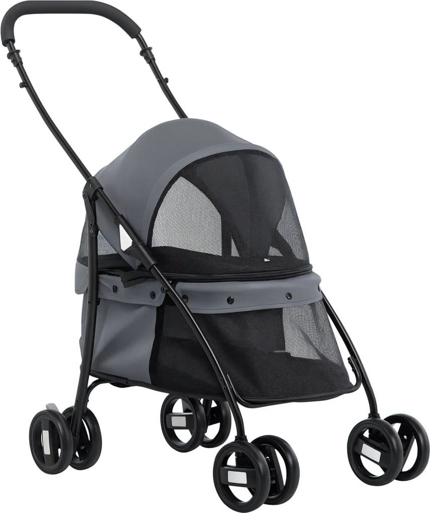 PawHut Összecsukható Kutyakocsi Kisebb Kutyák Számára Hálóablakokkal, Mosható Párnával, Biztonsági Övekkel és Acél Vázszerkezettel, Teherbírás: 15 kg,