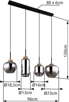Globo 15549-4H Függeszték fém matt fekete, füstszínű üveg, natúr kender színű, fekete PVC kábel, 4 különböző üvegforma, HxSzxM.: 960x230x1200mm, üveg átmérő: 1x 18,5cm, 12cm, 16cm, 23cm egyenként, nem tartozék: 4x E27 40W 230V