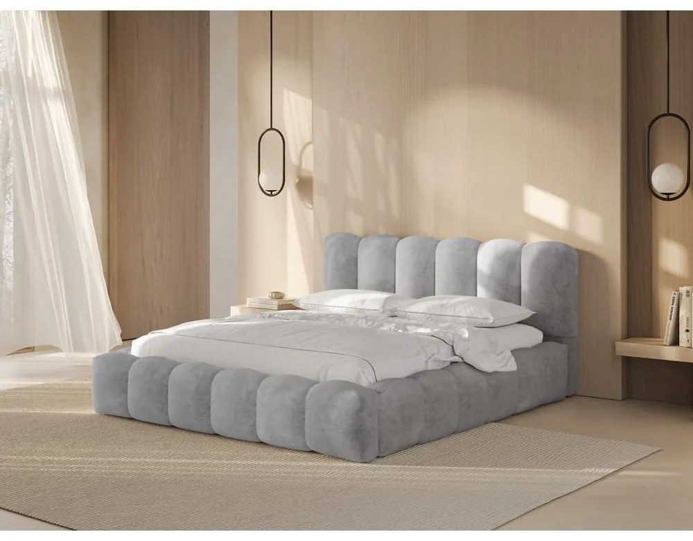 Világosszürke kárpitozott ágyneműtartós franciaágy ágyráccsal 180x200 cm Lupine – Micadoni Home