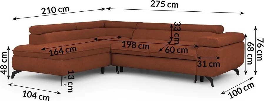 Terrakotta színű zsenília sarokkanapé (bal oldali-L alakú) Marbeya – Ropez