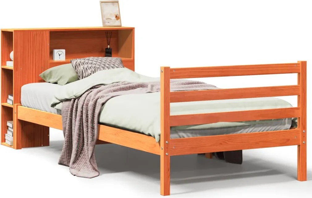 vidaXL viaszbarna tömör fa könyvespolcos ágy matrac nélkül 75 x 190 cm