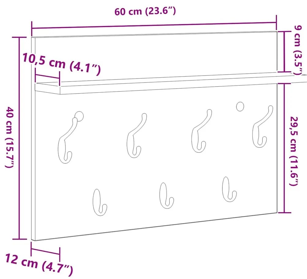 Fali Kabáthorog polcokkal Fehér 60 x 40 x 12 cm Faanyag
