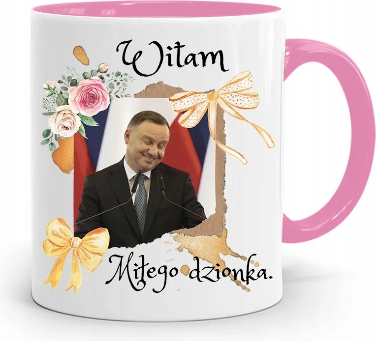 Andrzej Duda Pis Rózsaszín Elnöki Bögre fényképes nyomattal