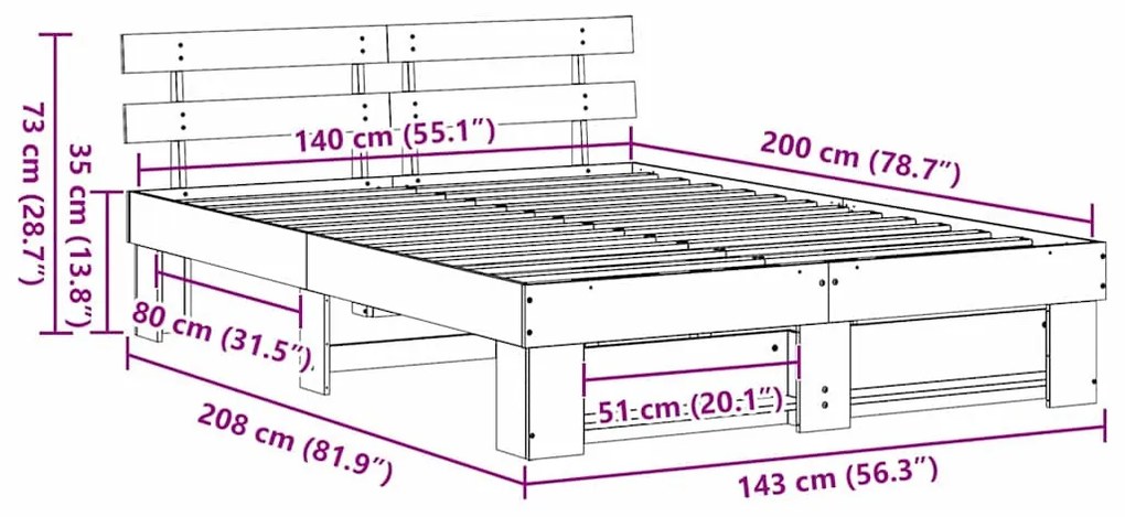 vidaXL Ágykeret fejtámlával Viaszbarna 140 x 200 cm Tömör fenyőfa