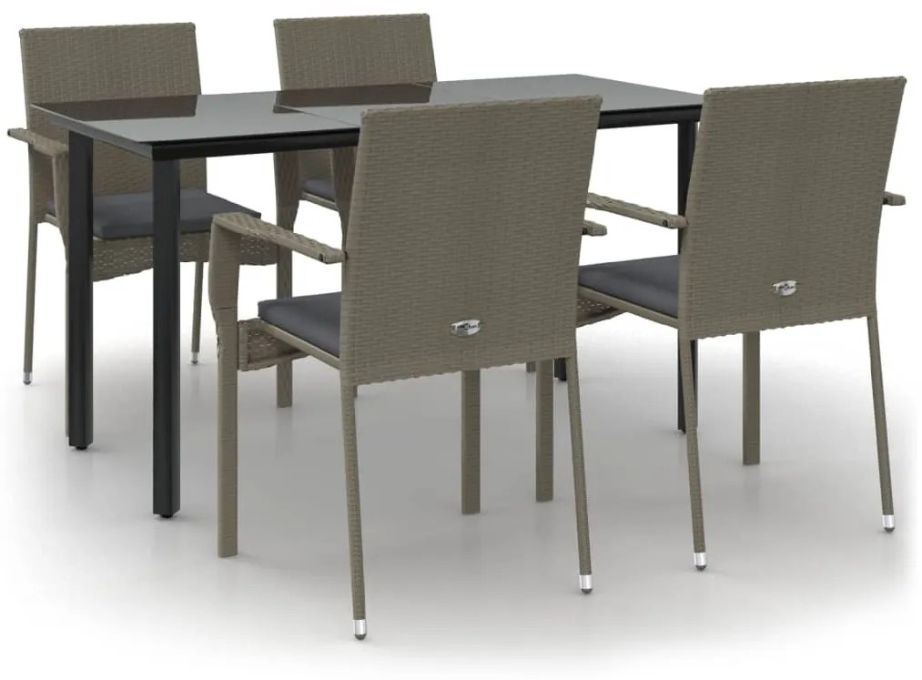 vidaXL 5 részes fekete és szürke polyrattan kerti étkezőszett párnával