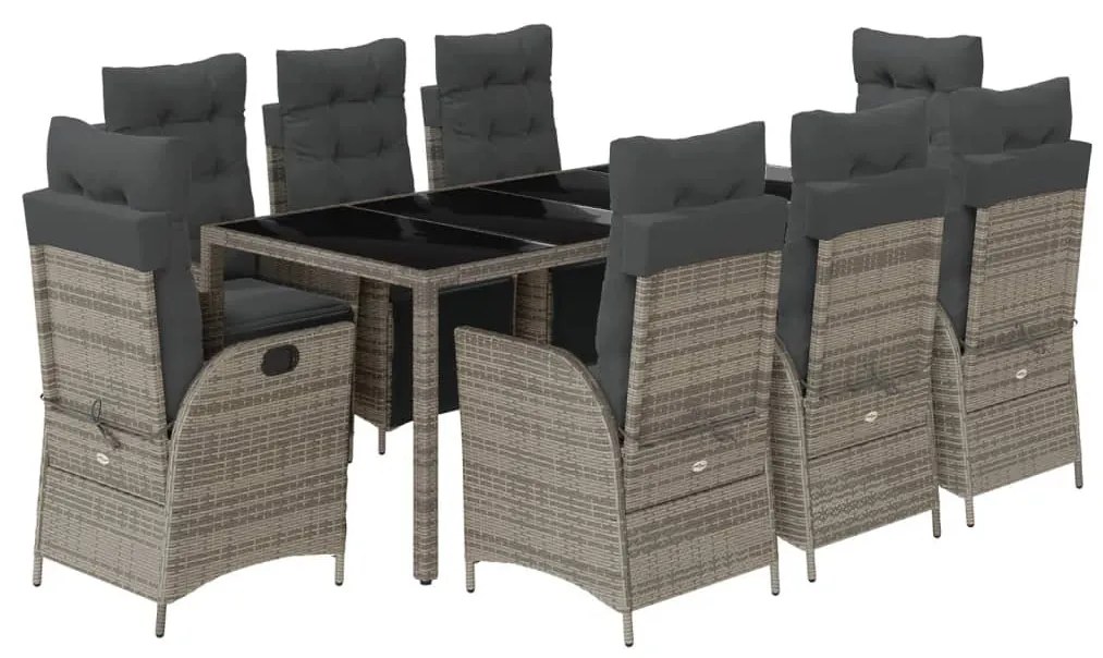 9 részes szürke polyrattan kerti étkezőgarnitúra párnával