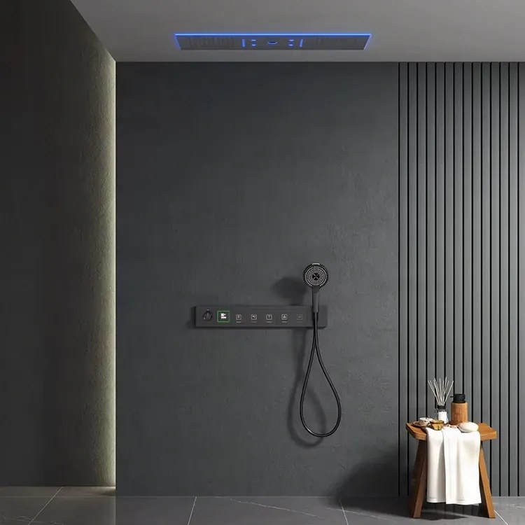 Falba süllyesztett zuhanyrendszer ELITE EDITION BCS1045, 6 funkcióval, LED-világítással, termosztáttal és többféle felülettel — Fekete — Két kimenetes