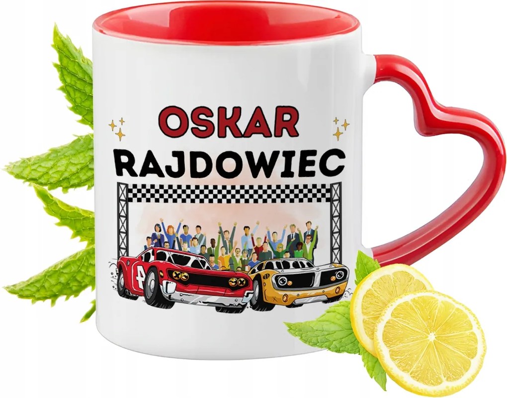 Piros bögre szív alakú füllel Oscarnak ajándékba