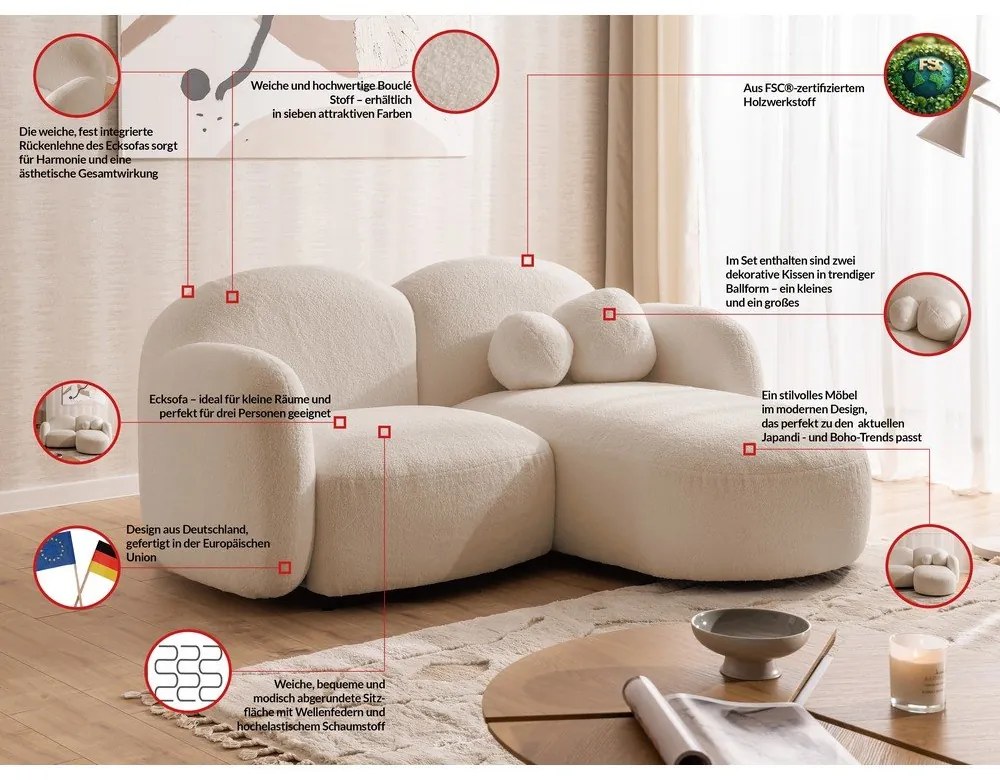 Világosbarna buklé sarokkanapé (jobb oldali-heverő résszel) Orbit – Ropez