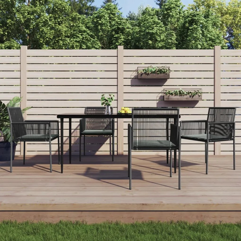 5 részes fekete polyrattan és acél kerti étkezőszett párnákkal