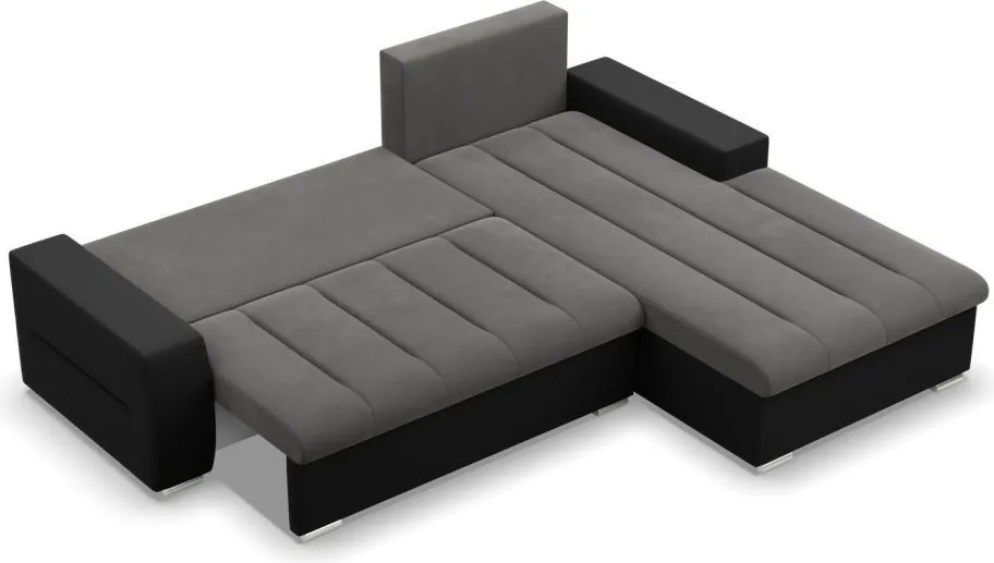 Toronto sarokkanapé, 2 ágyneműtartóval, bársony + műbőr, jobboldali, szürke - fekete