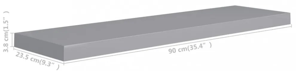 2 db szürke MDF lebegő fali polc 90 x 23,5 x 3,8 cm