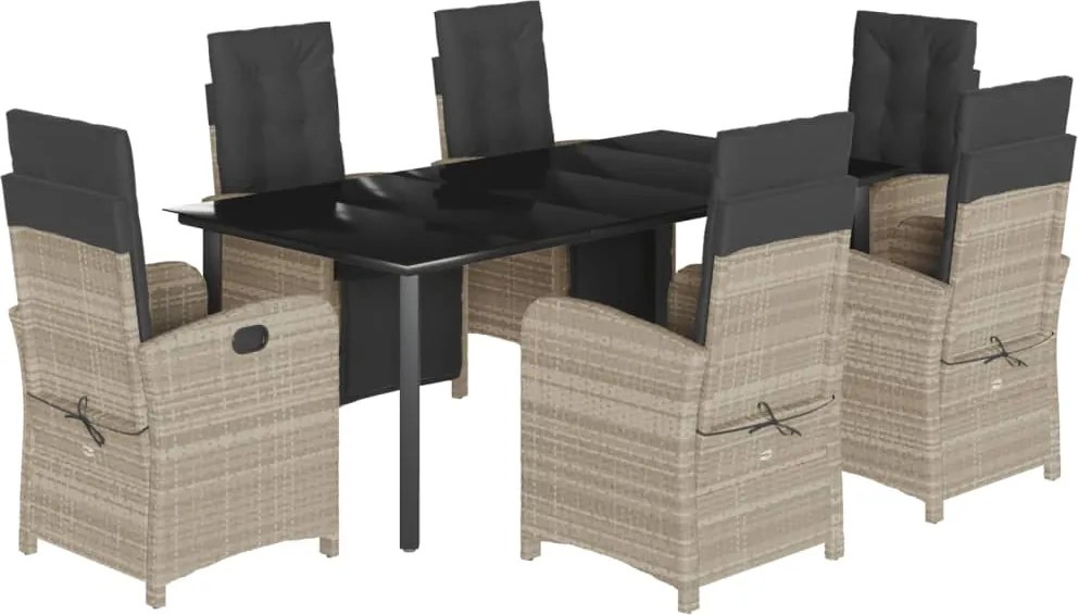 vidaXL 7 részes világosszürke polyrattan kerti étkezőszett párnával