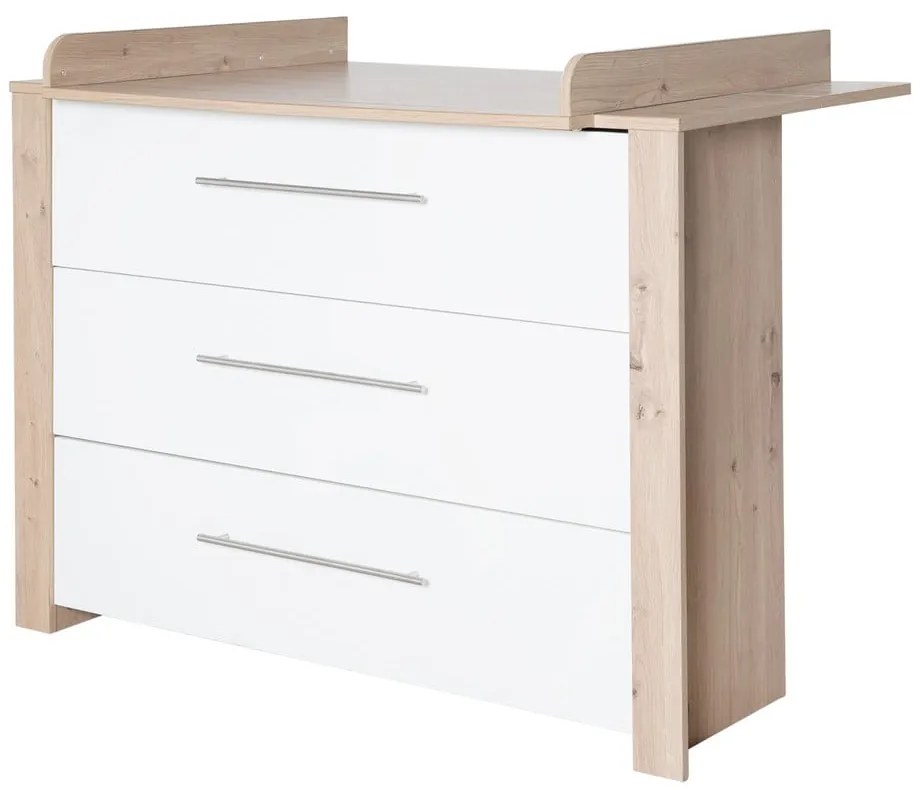 Fehér-natúr színű alacsony gyerek komód pelenkázó feltéttel, tölgyfa dekorral 112x98 cm – Roba