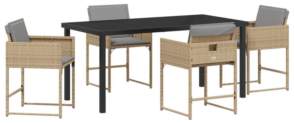 5 Darabos Kert Étkezőszett Párnákkal Bézs Poly Rattan, Kert Asztal Fekete 160x80x73 cm Edzett Üveg