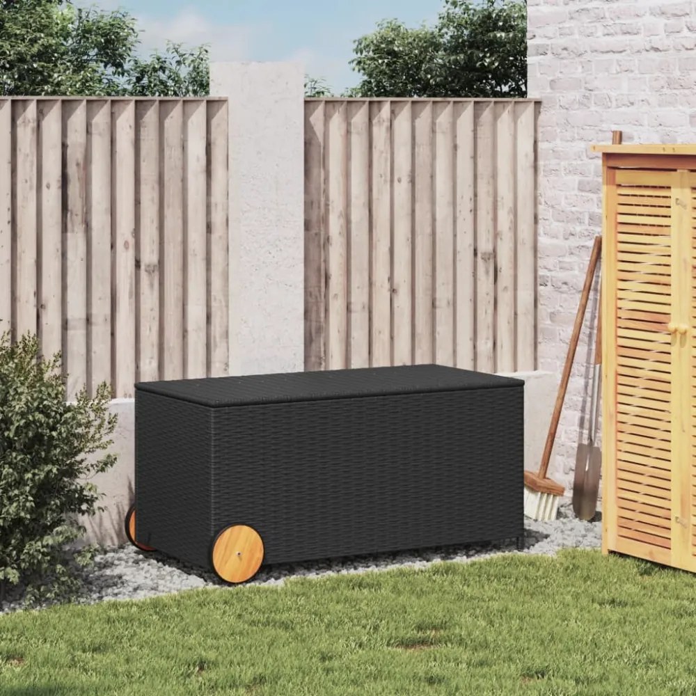 fekete polyrattan kerti tárolóláda kerekekkel 190 L