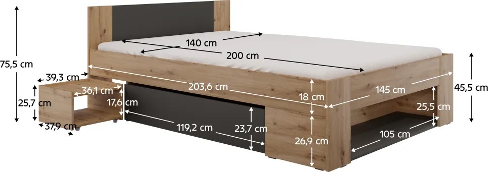 Ágy tárhellyel, 140x200, artisan tölgy/antracit, UNIS