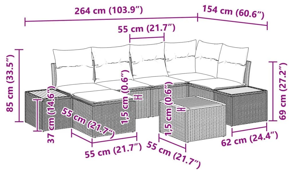 7 részes kert kanapé szett párnákkal bézs poli rattan akáccal