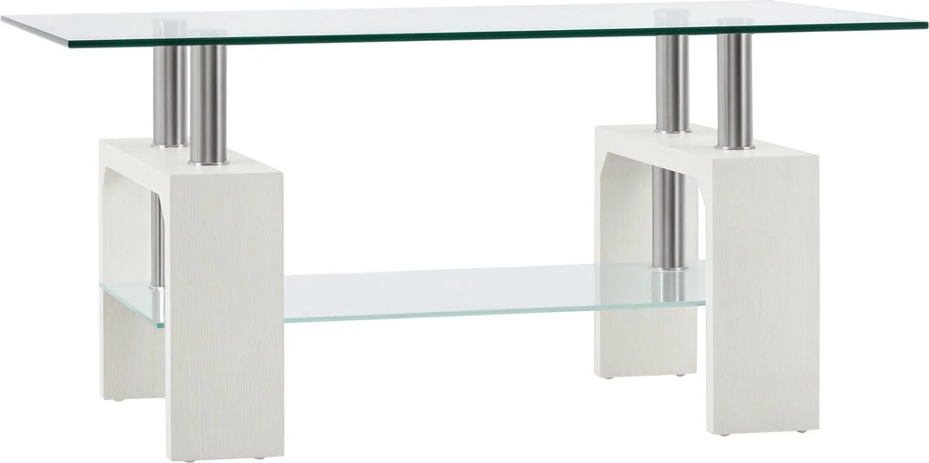 HOMCOM 2-szintes Kávézóasztal, Modern Nappali Asztal Üveg Templével és Fa és Acél Szerkezettel, 90x50x42cm, Fehér | Aosom