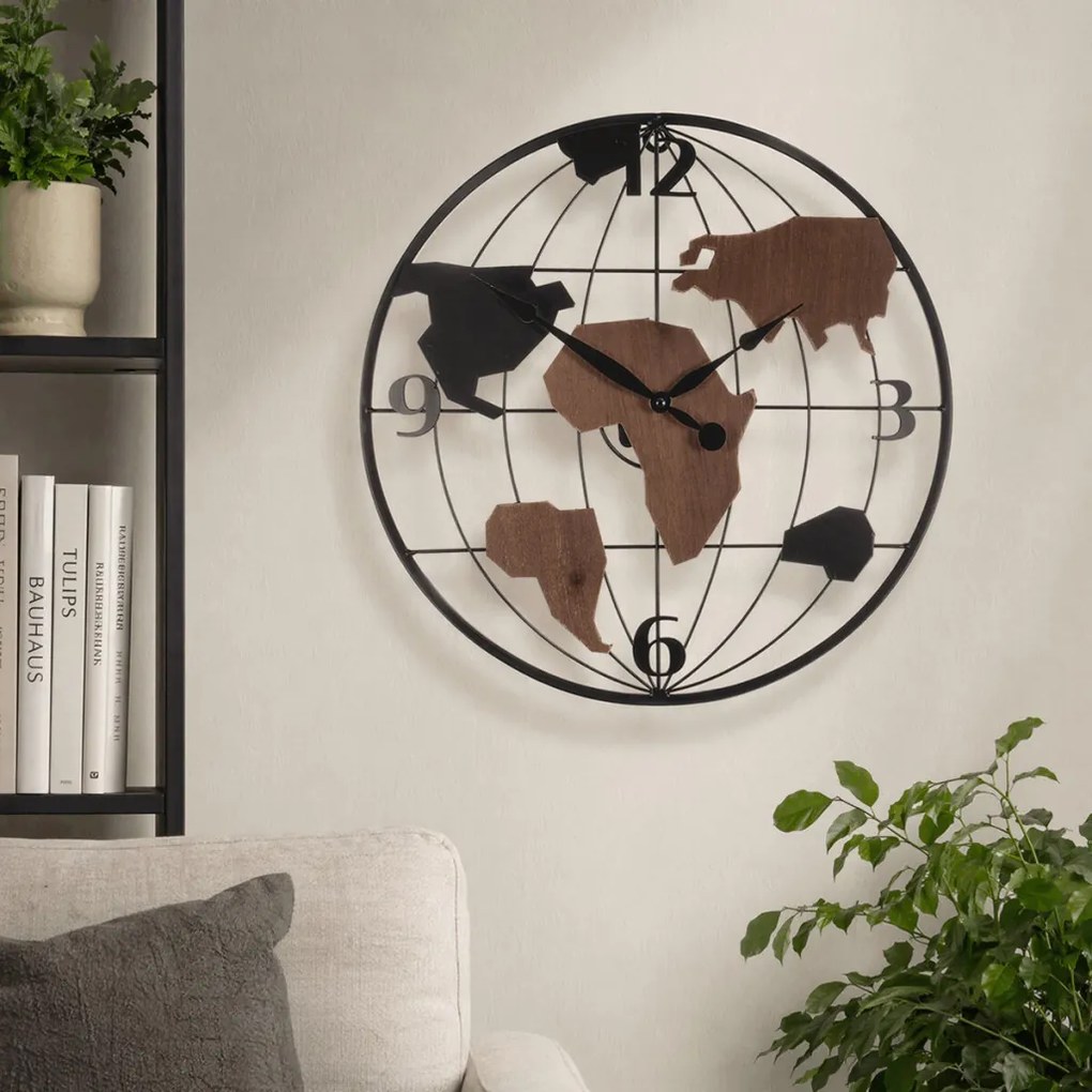 Falióra 40 cm átmérő, fém és MDF, világrész mintával
