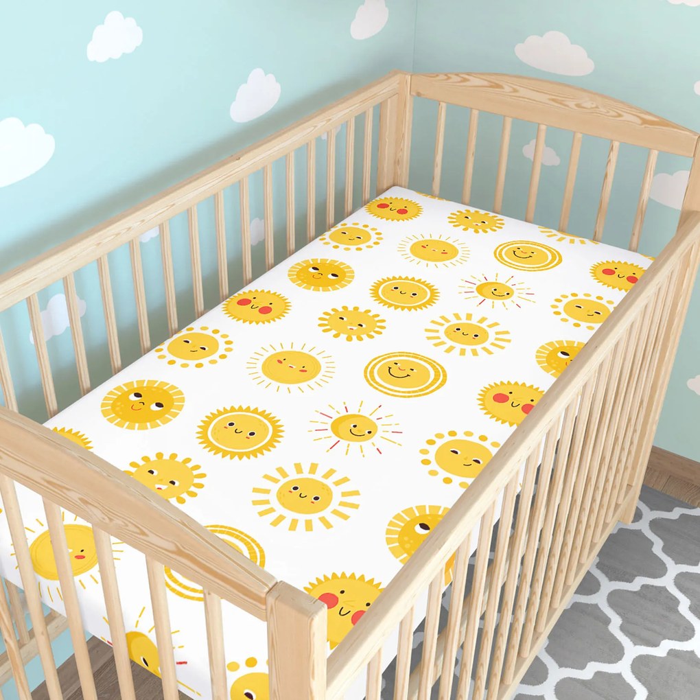 Goldea gyermek gumis pamut lepedő kiságyba - mosolygós napocskák 70 x 140 cm