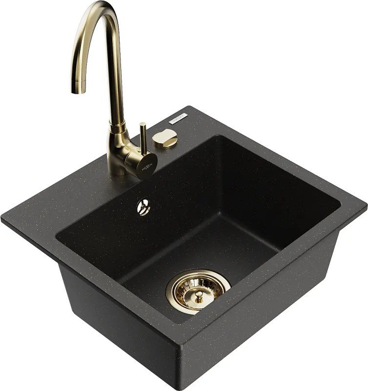 Mexen Milo 1 rekeszes gránit mosogató Telma konyhai csappal, fekete/arany - 6505-75-670200-50