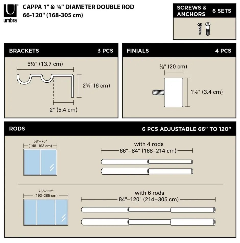 Rozsdamentes acél bővíthető-dupla függönykarnis 168 - 305 cm Cappa – Umbra