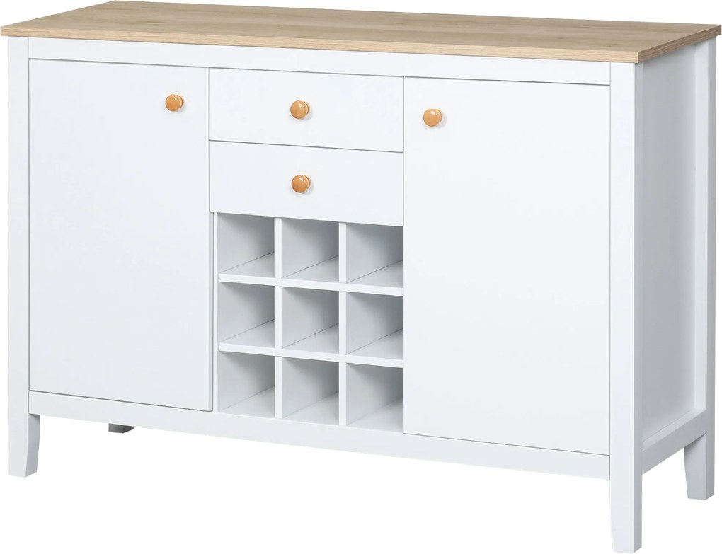 HOMCOM Konyhai Tálaló Bor Süti állvány 2 Fiókkal 2 Ajtóval Állítható Polcokkal 9 Palackhoz Konyhai Segédbútor Ebédlőbe Nappaliba 110x35x75 cm Fehér |