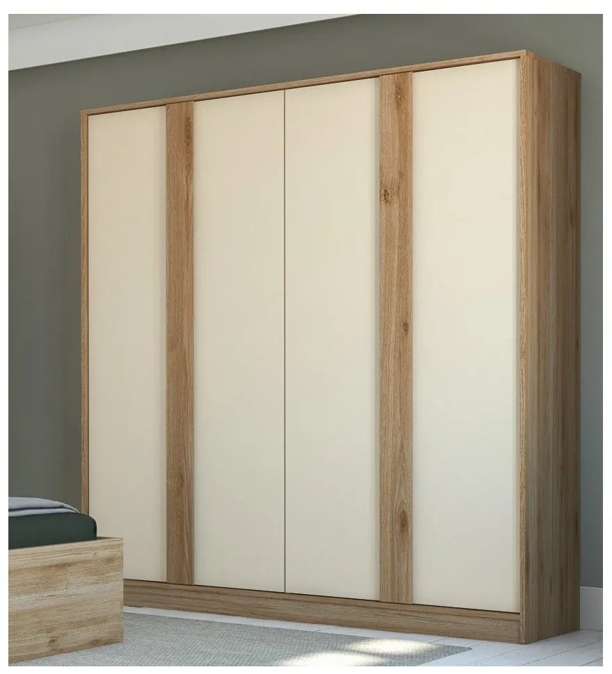 Krémszínű-natúr színű ruhásszekrény tölgyfa dekorral 180x197,5x53 cm Dennis – Marckeric