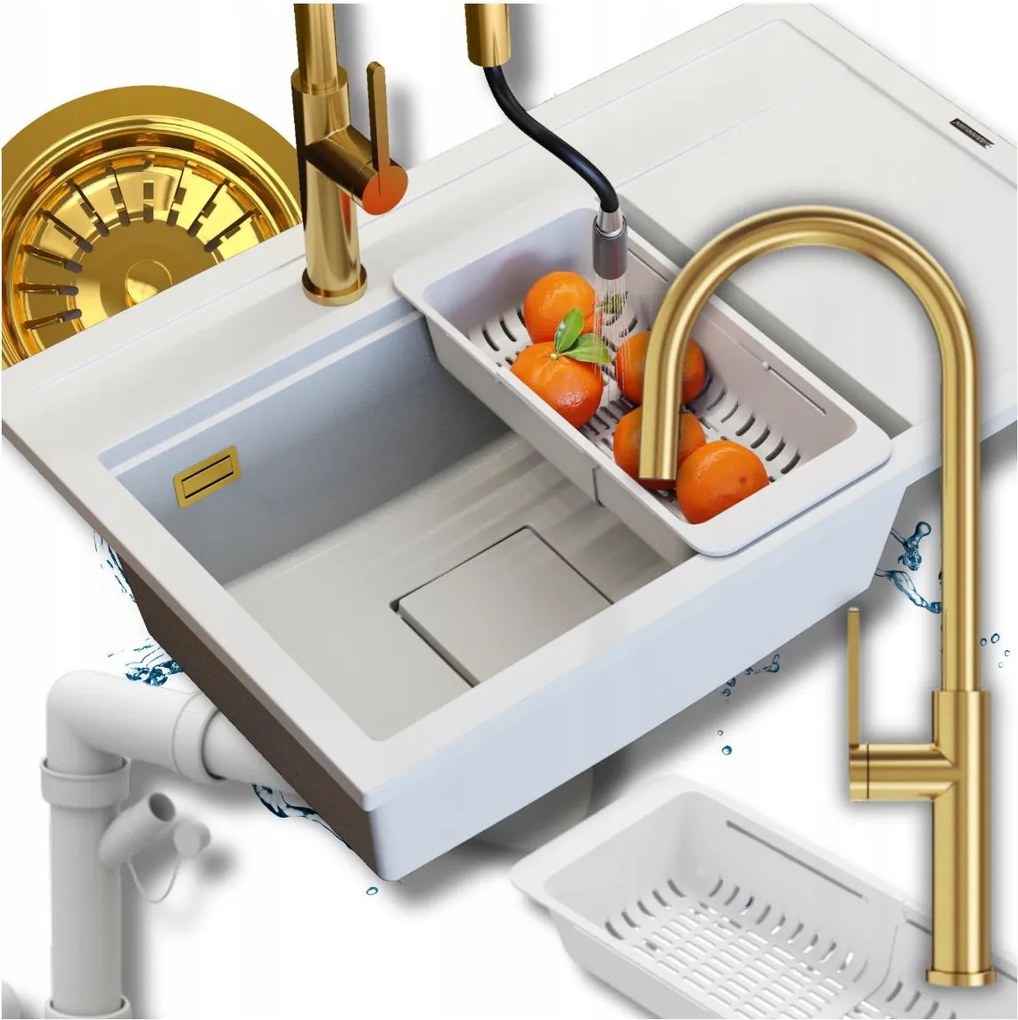 Egymedencés gránit mosogató Fehér Rendo csaptelep szett Szifon 5in1