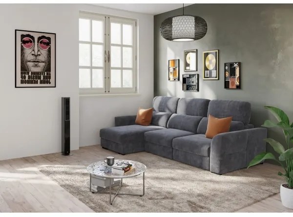 Univerzális, kihúzható háromüléses sarokkanapé tárolóval TRENTO antracit