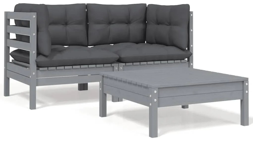 3 részes szürke tömör fenyőfa kerti ülőgarnitúra párnákkal