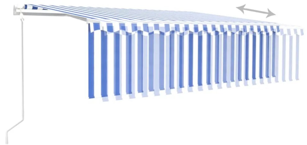 kék és fehér redőnyös, szélérzékelős, LED-es napellenző 5x3 m