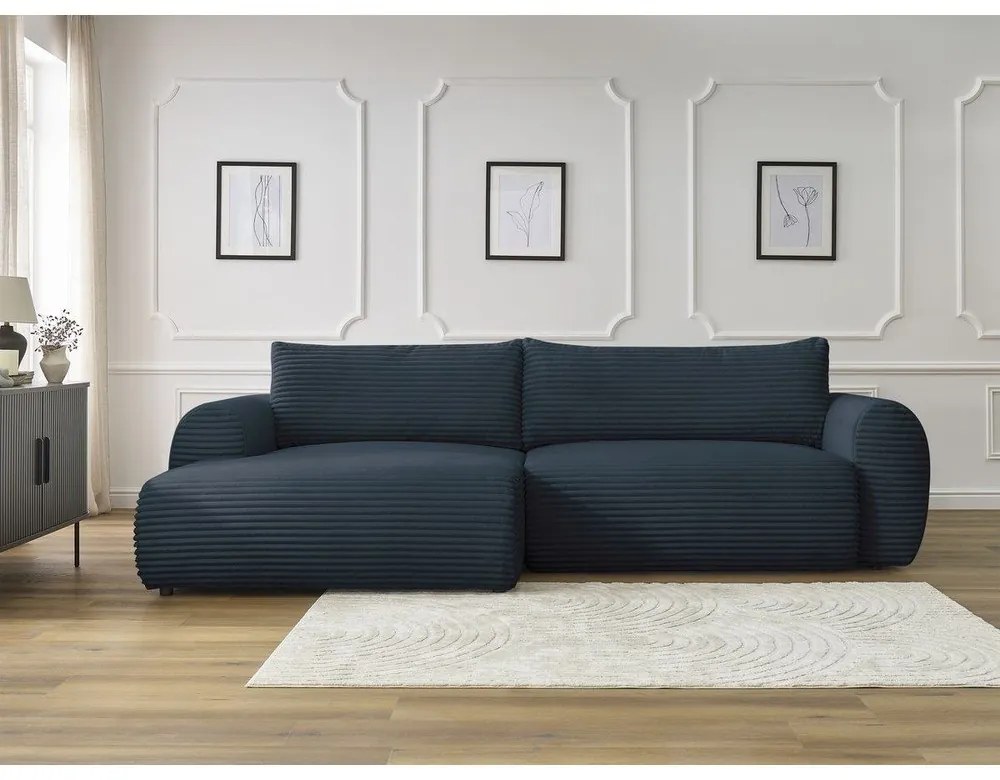 Sötétkék kordbársony kinyitható sarokkanapé (bal oldali) Lucien – Bobochic Paris