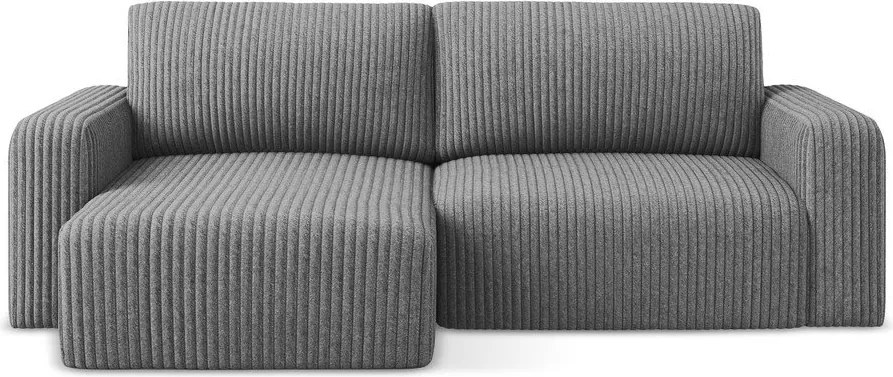 Szürke kordbársony kinyitható-tárolóhelyes sarokkanapé (bal oldali-heverő résszel) Kona – Makamii