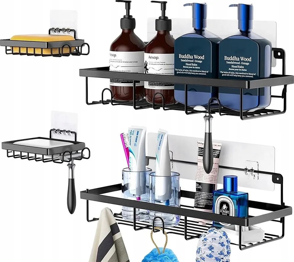 Fürdőszobai Zuhanypolcok Fúrás Nélkül Ragasztható 4 Db-os Szett Fekete