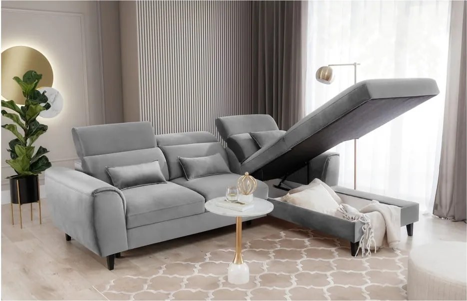 Szürke bársony kinyitható-tárolóhelyes sarokkanapé (jobb oldali-heverő résszel) Foble – ELTAP