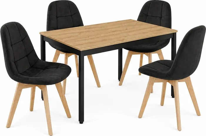 Étkezőasztal szett: Tessa 120x60 artisan tölgy/fekete lábakkal + 4 db BORA szék bársony fekete/natúr lábbal
