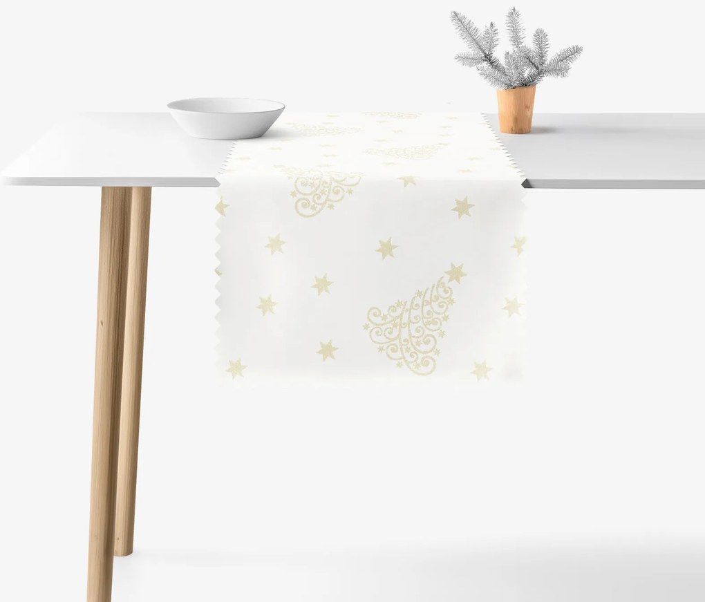 Goldea teflonbevonatú asztali futó - aranyszínű karácsonyfák és csillagok 20x120 cm