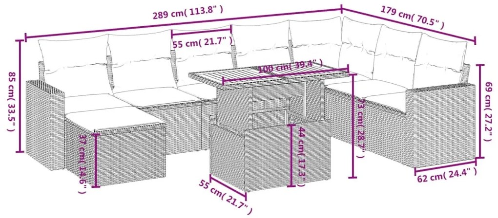 9 részes bézs polyrattan kerti ülőgarnitúra párnákkal