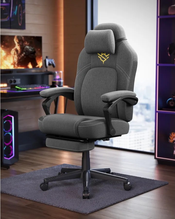 Ergonomikus gamer szék lábtartóval, állítható, galambszürke párnával