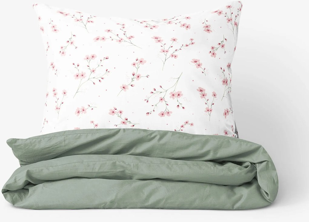Goldea pamut ágyneműhuzat duo - cseresznyevirágok, zsálya színű hátoldal 150 x 200 és 50 x 60 cm