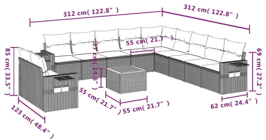 12 részes szürke polyrattan kerti ülőgarnitúra párnákkal