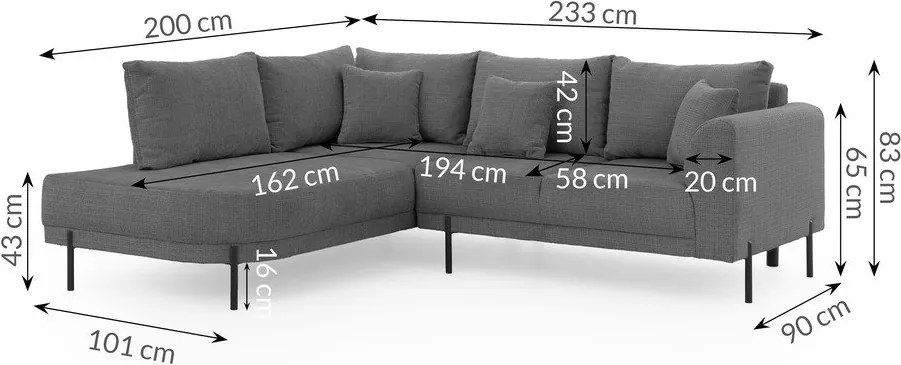 Sötétszürke zsenília sarokkanapé (bal oldali-L alakú) Mauris – Ropez