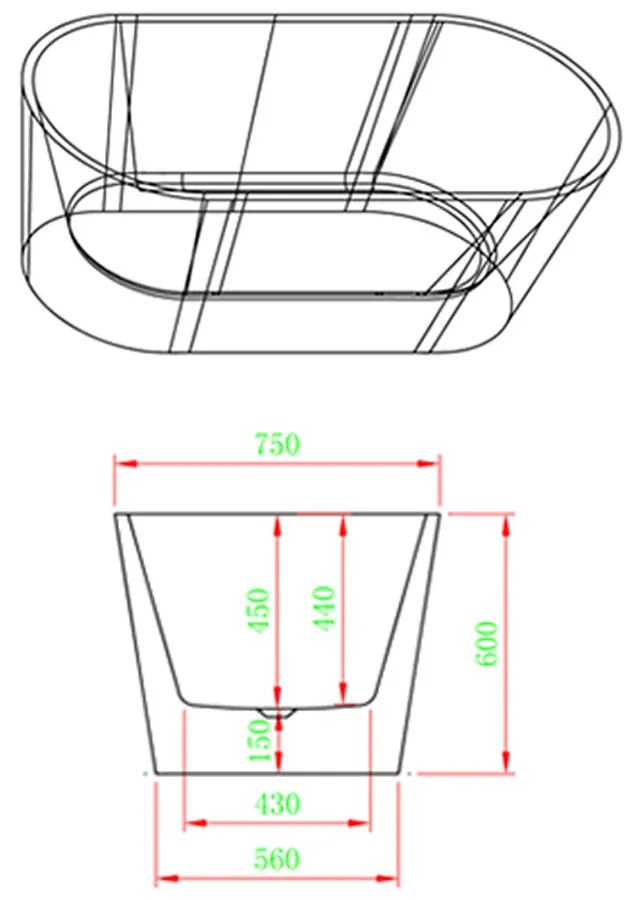 Noa szabadon álló fürdőkád 160x75x56 cm