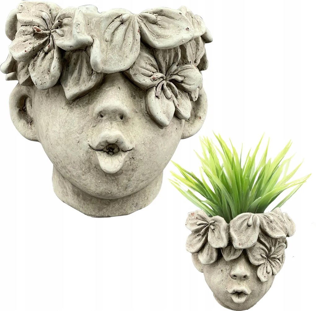 Cement Kaspó Szürke Fej Virágokkal, Vintage Retro 13.5 CM Teraszra