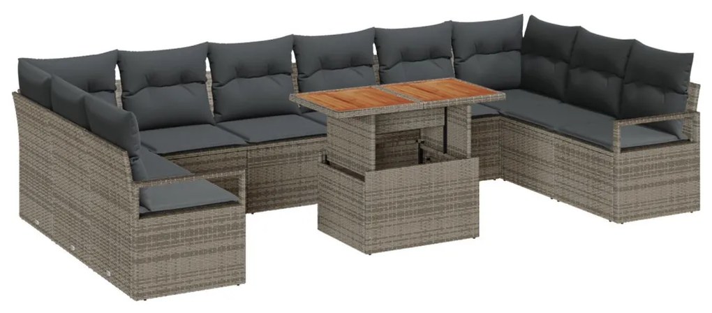 11 részes Kert Sofa Szett Párnákkal Szürke Poli Rattan, 2-Fős Kerti Sofa Tárolóval és Párnákkal Szürke Poli Rattan