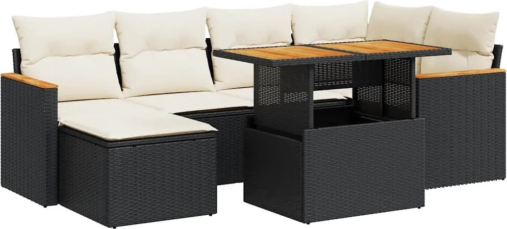 vidaXL 7 részes fekete polyrattan akácfa kerti ülőgarnitúra párnával
