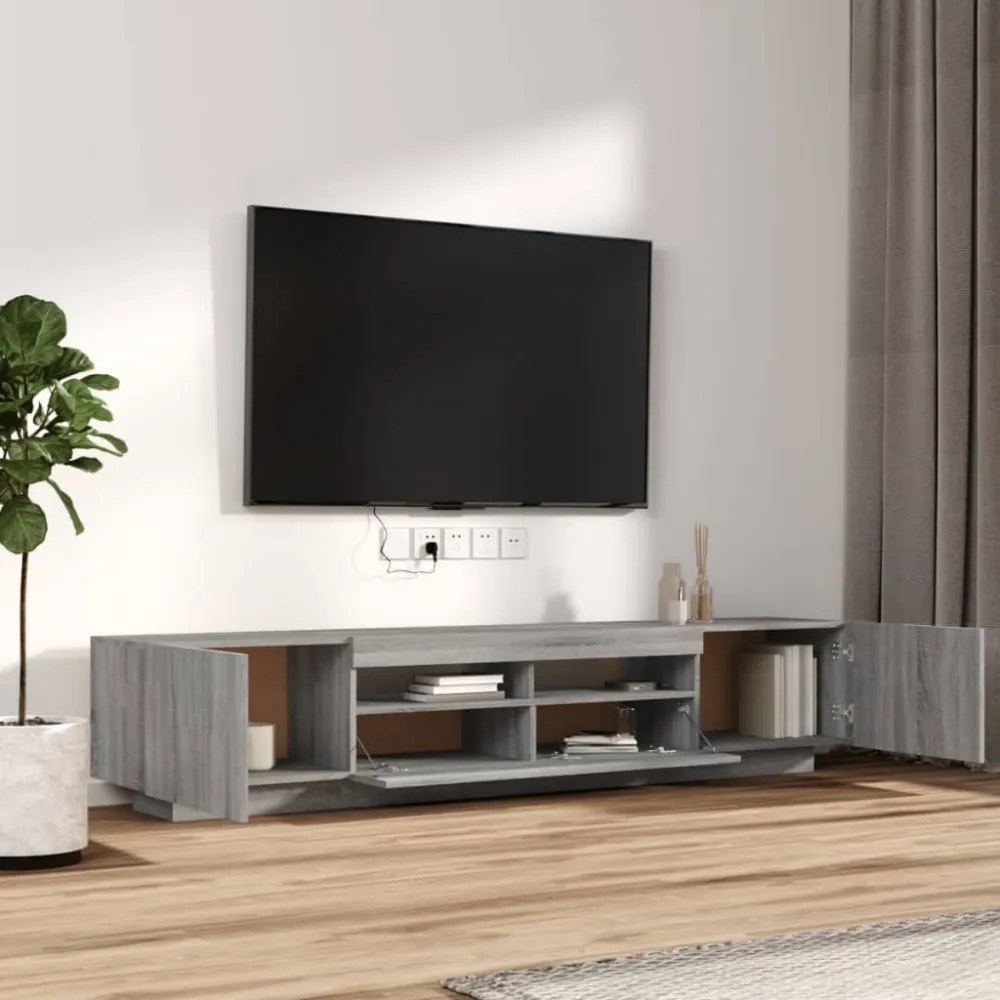 2 részes szürke sonoma színű fa TV-szekrény szett LED-lámpákkal