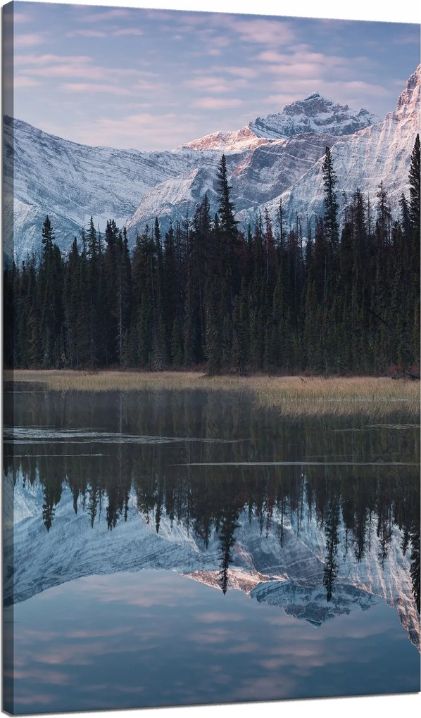 Vászonkép Tópart Víz Erdők Hó hegyek 70x120 cm